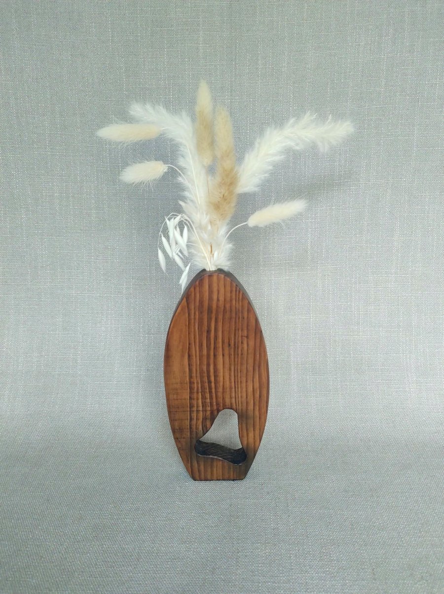 Wood Dried Flower Vase with Cutout Upcycled Reclaimed Wood Vase Dark Oak Finish