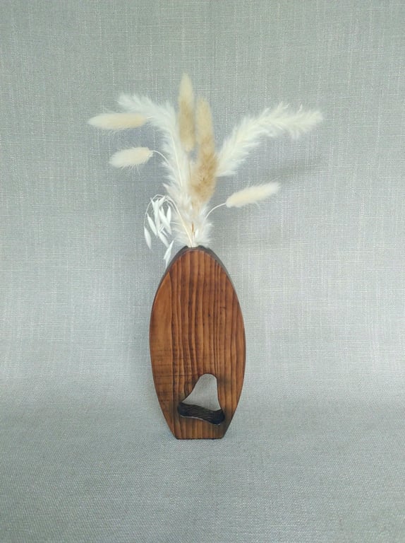Wood Dried Flower Vase with Cutout Upcycled Reclaimed Wood Vase Dark Oak Finish