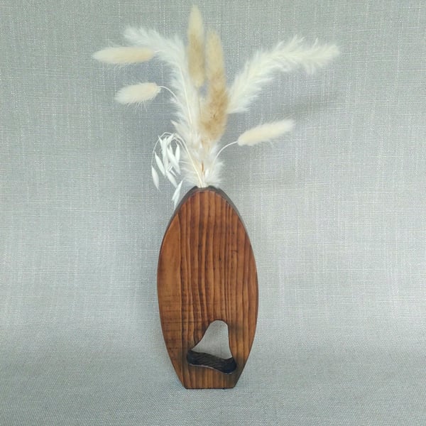 Wood Dried Flower Vase with Cutout Upcycled Reclaimed Wood Vase Dark Oak Finish