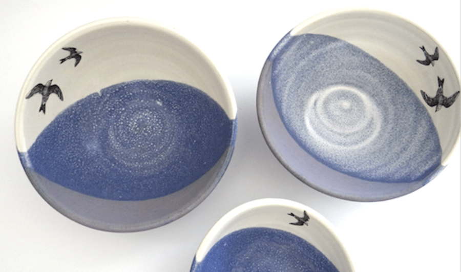 Ceramic nesting bowls with birds - set of 3 - handmade stoneware pottery
