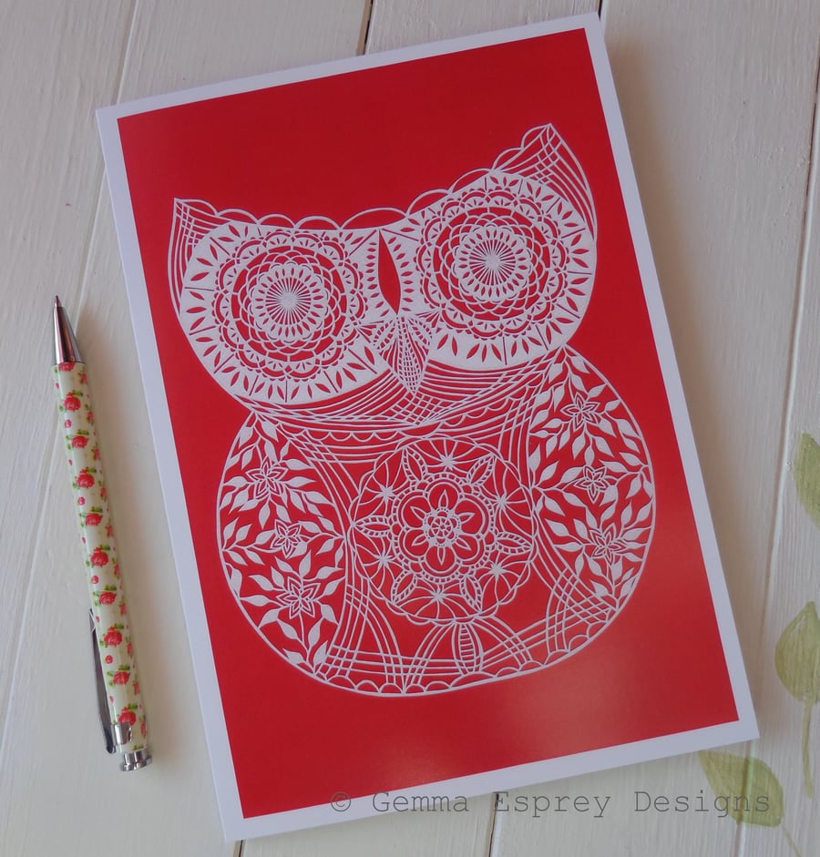 'Lacy Owl' in Strawberry - A5 Greetings Card