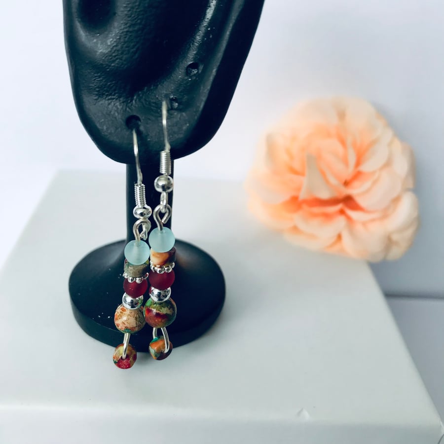  Silver Bohemian Earrings Semi Precious Natural Imperial Jasper, Freepost