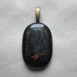 Handmade dichroic glass cabochon pendant - oval steel with gold dragonfly