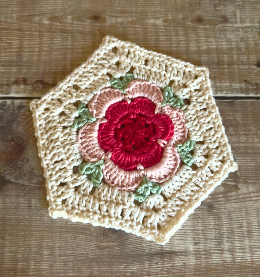 Hand crocheted hexagon mercerised cotton coaster doily 