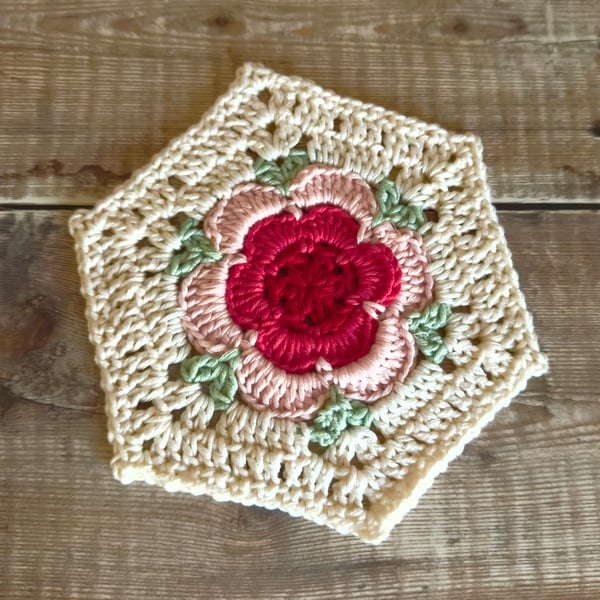 Hand crocheted hexagon mercerised cotton coaster doily 