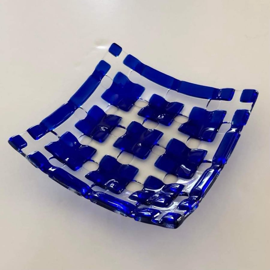 Fused glass blue and clear open lattice squares decorative dish 