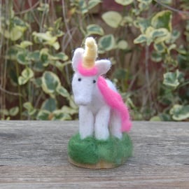 Pink and White Unicorn with yellow horn, needle felt unicorn, 