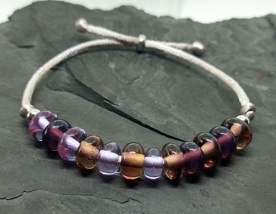 Purple and peach spacer adjustable bead slider lampwork bracelet