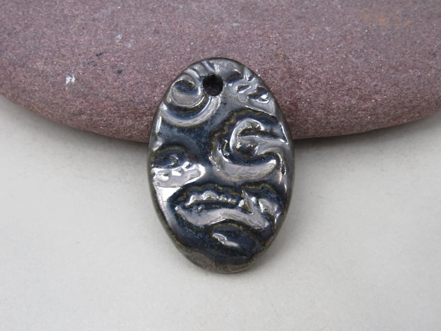 Large Metallic Silver Brocade Ceramic Pendant