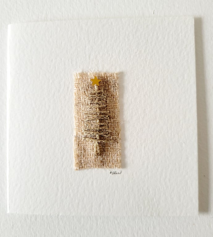 Handmade Embroidered 'Metallic Gold Tree' Christmas Greeting Card 