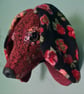 Fabric dachshund wall mount in burgundy wool tweed and floral fabric