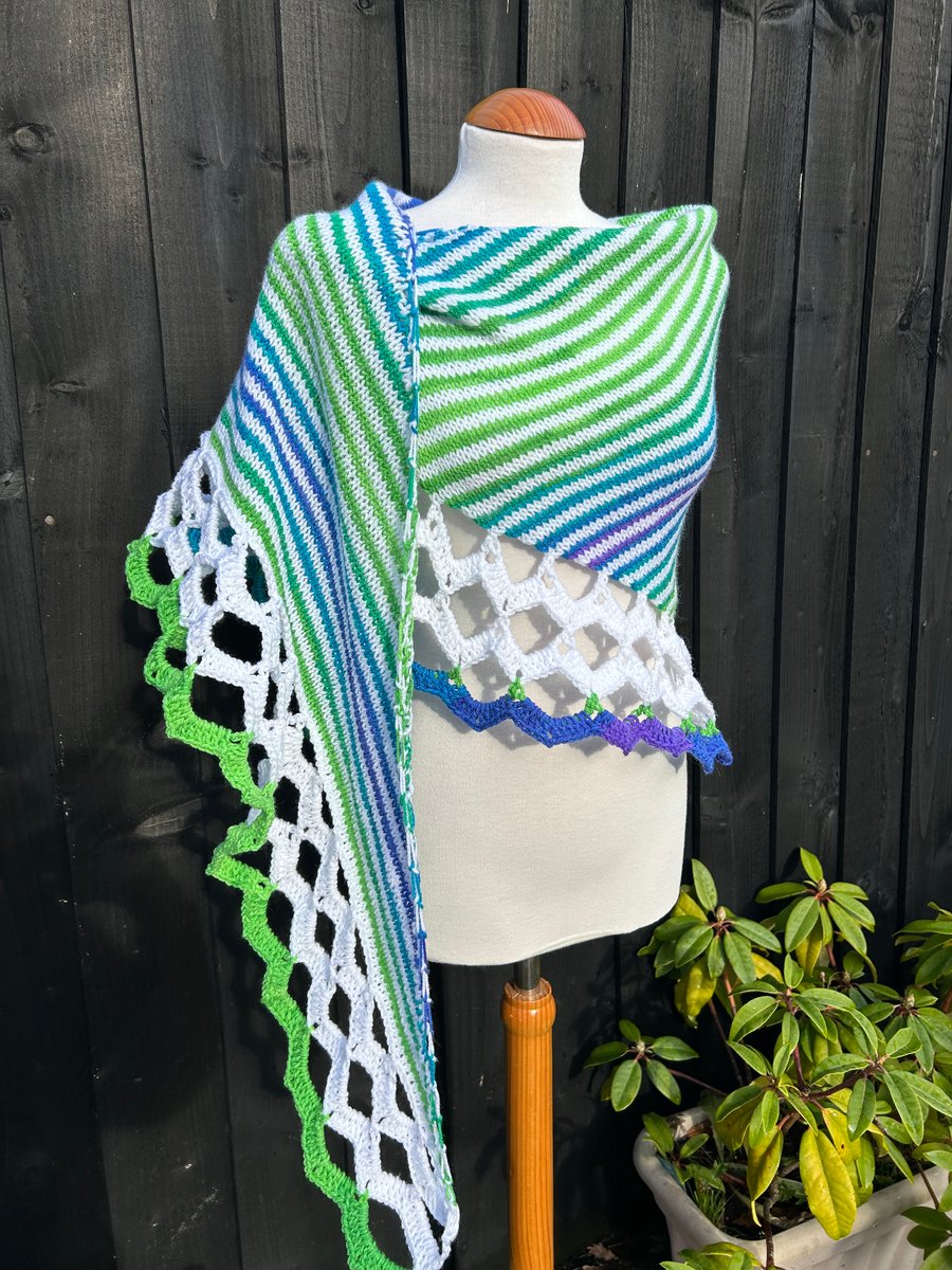 Summer Breeze Vegan yarn stripes and scallops asymmetrical shawl wrap 