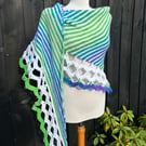 Summer Breeze Vegan yarn stripes and scallops asymmetrical shawl wrap 