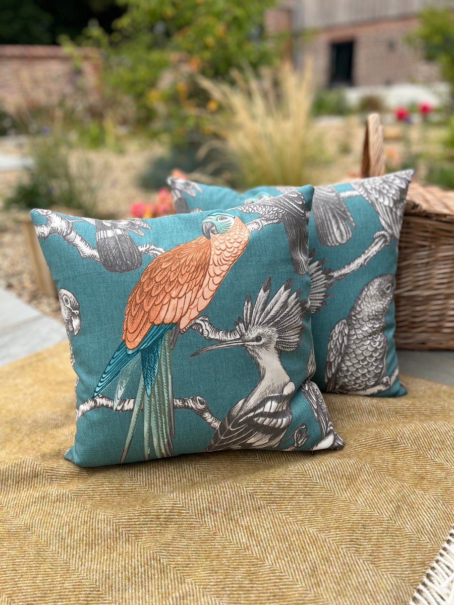 Exotic birds cushion cover with spotty cotton back