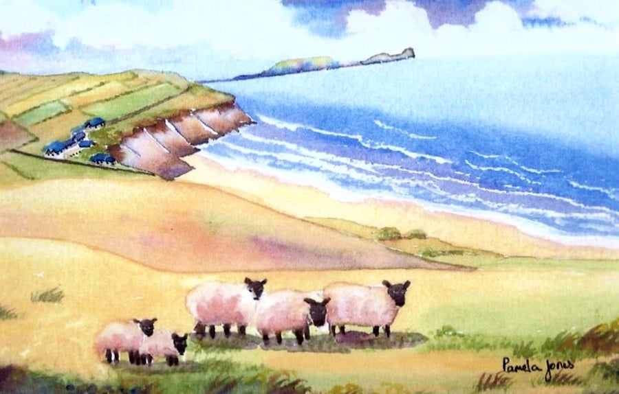 Rhossili Bay, Giwer, Sheep, Watercolour Print, In 8 x 6 '' Mount