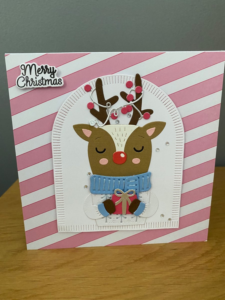 Handmade hand stitched cosy Reindeer Christmas Card