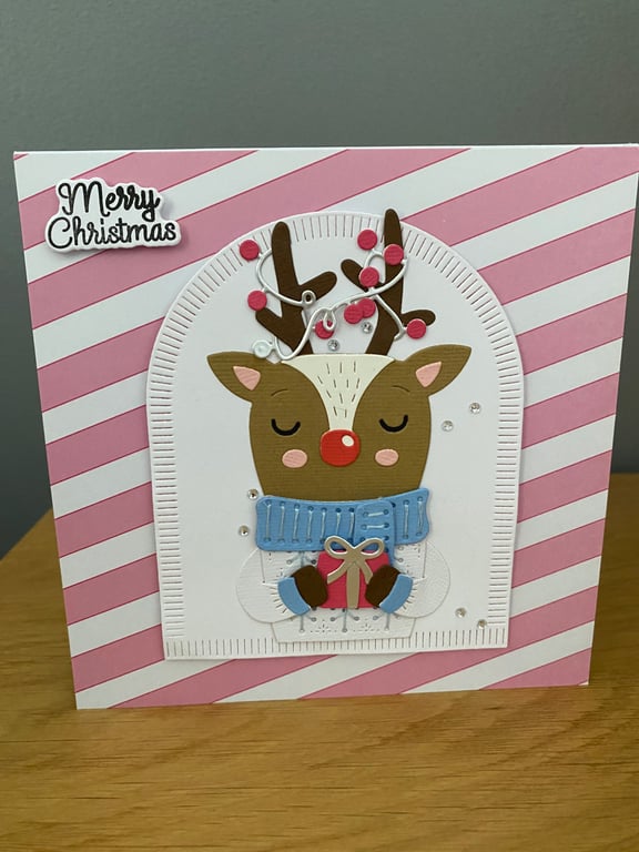 Handmade hand stitched cosy Reindeer Christmas Card
