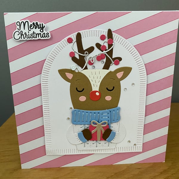 Handmade hand stitched cosy Reindeer Christmas Card