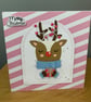 Handmade hand stitched cosy Reindeer Christmas Card