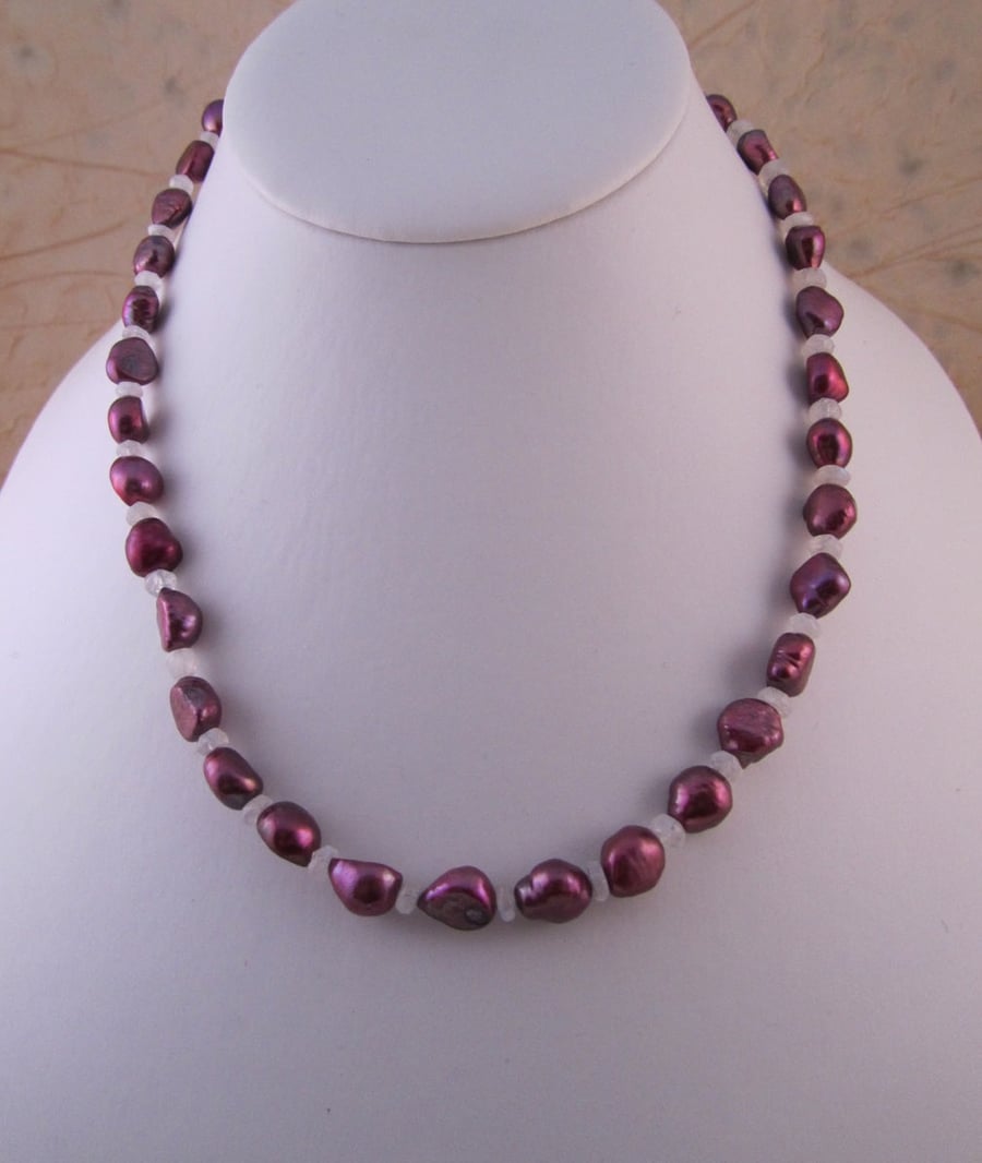 Dark Pink Pearl Rainbow Moonstone Necklace