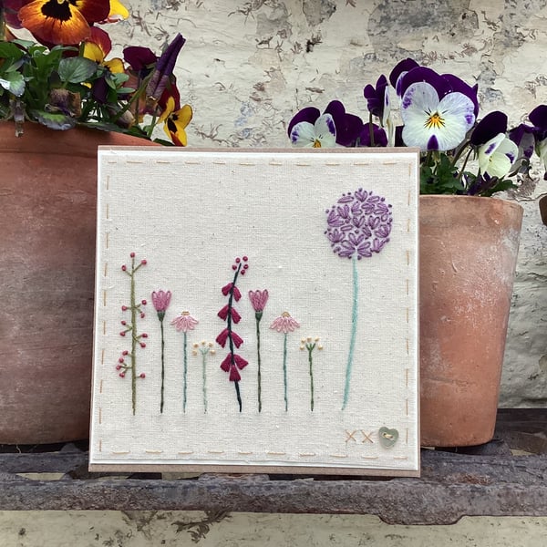 Cottage garden flowers hand embroidered card