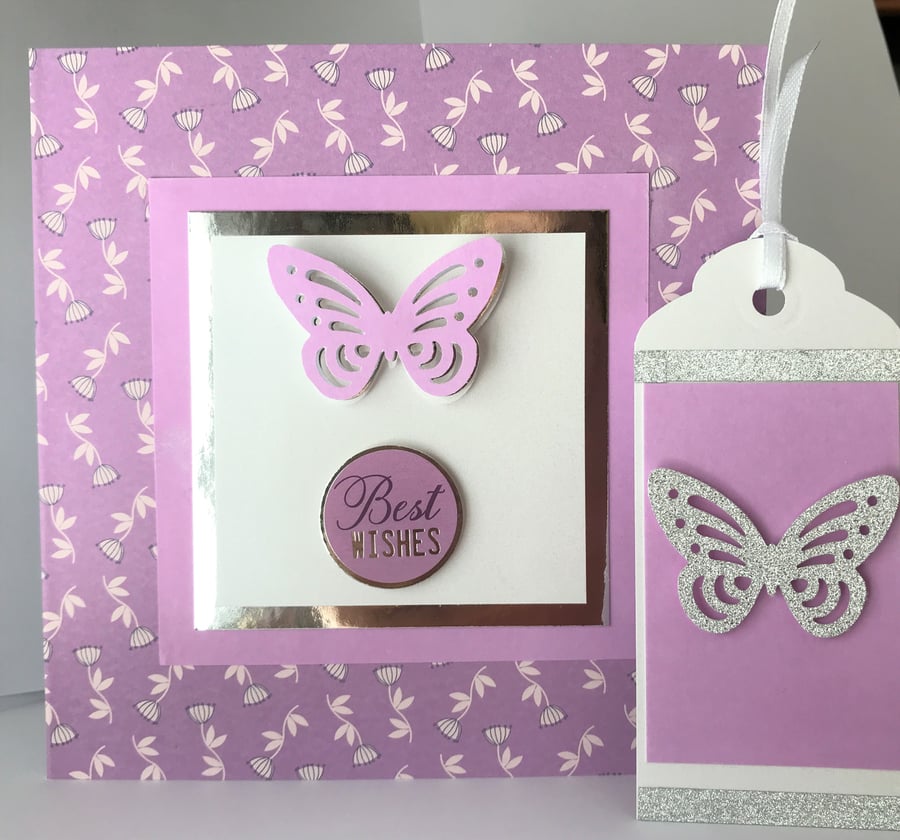 Handmade butterfly Lilac Best wishes Happy birthday card 6 x 6 ins gift tag 