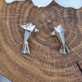 Real Origami carp preserved in silver, stud earrings