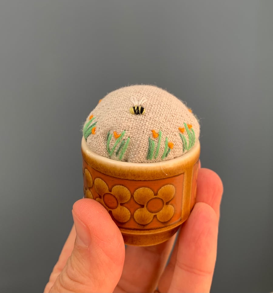 Hornsea egg cup embroidered pincushion