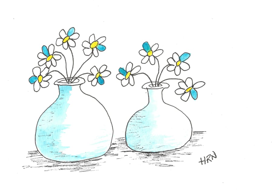 Original pen and watercolour drawing Two Vase Blue Flowers on watercolour paper