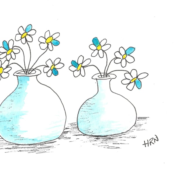 Original pen and watercolour drawing Two Vase Blue Flowers on watercolour paper