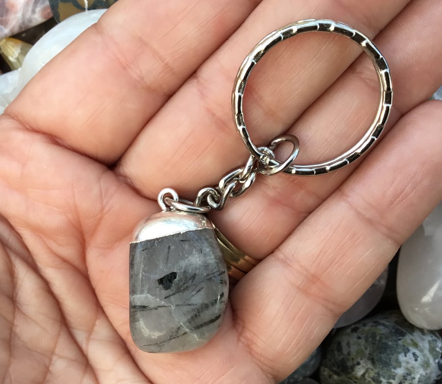 Sale! Black Rutilated Tourmaline Quartz Tumblestone Keyring or Handbag Charm.