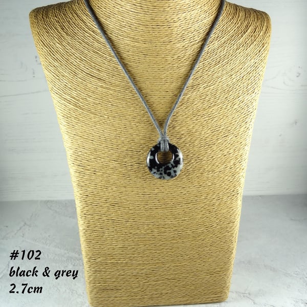 Fused glass off-set round pendant on a waxed cotton cord, 4 colours