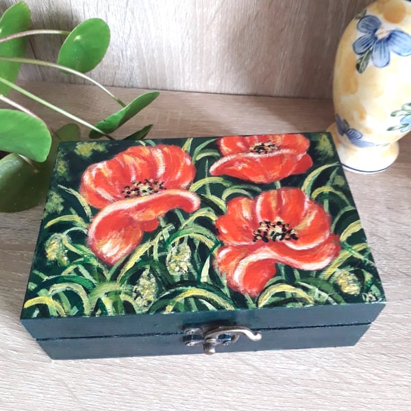 Poppies handpainted wooden Memory box.  