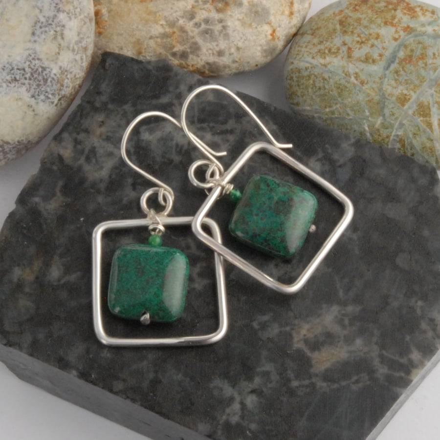 Sterling silver and chrysocolla square frame drop earrings - smooth