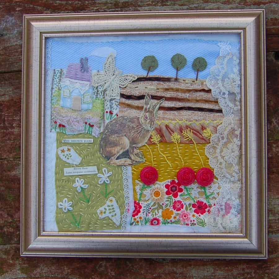 The brown hare, textile art landscape, hand embroidery, mixed media