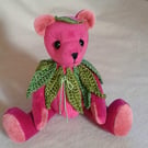 Collector's teddy bear 8" jointed 'Peach' velvet adorned with crocheted leaves 