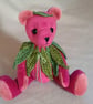 Collector's teddy bear 8" jointed 'Peach' velvet adorned with crocheted leaves 