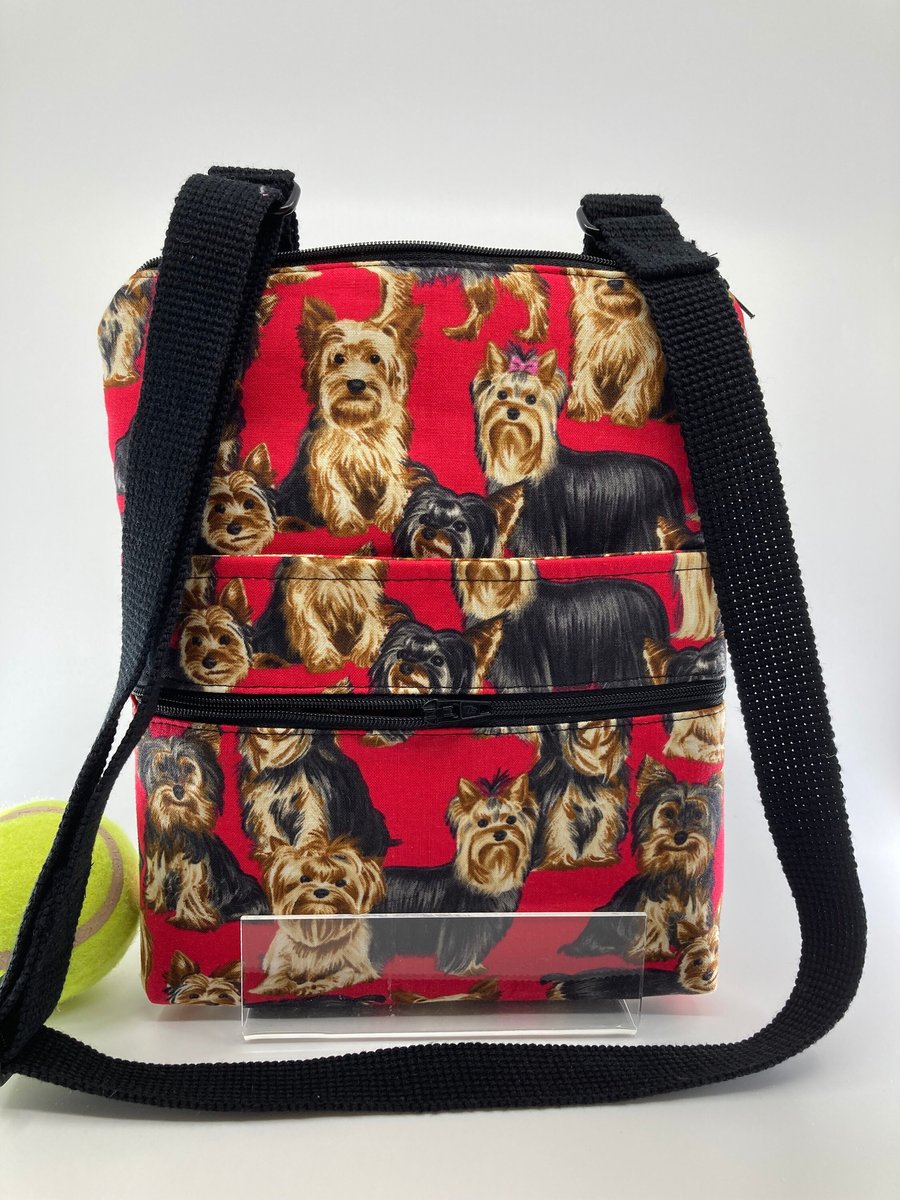  Dog walking bag, Yorkshire terrier print  Carry mobile, dog treats waste bags 