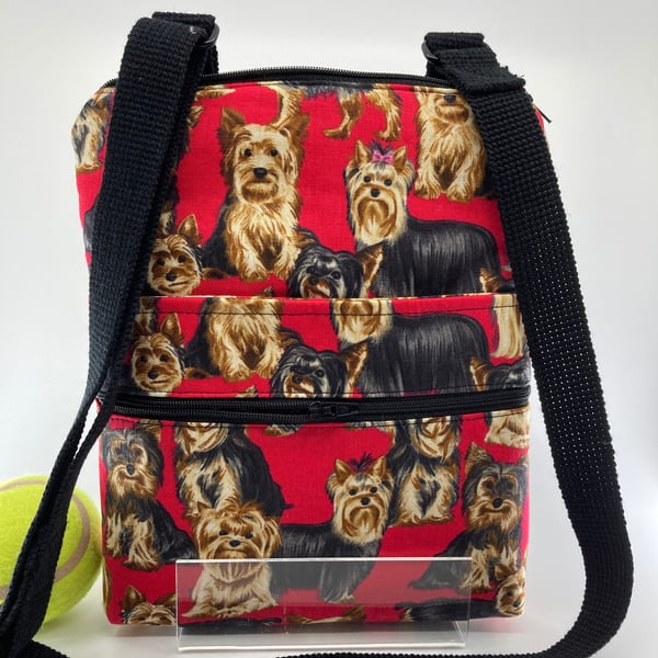  Dog walking bag, Yorkshire terrier print  Carry mobile, dog treats waste bags 