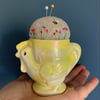 Vintage chicken egg cup embroidered pin cushion