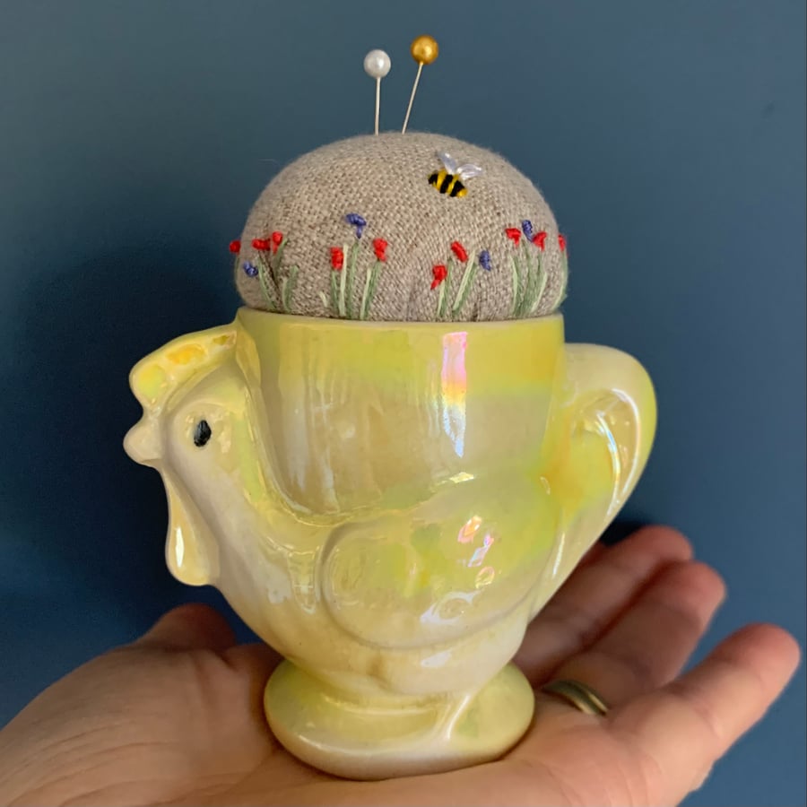 Vintage chicken egg cup embroidered pin cushion