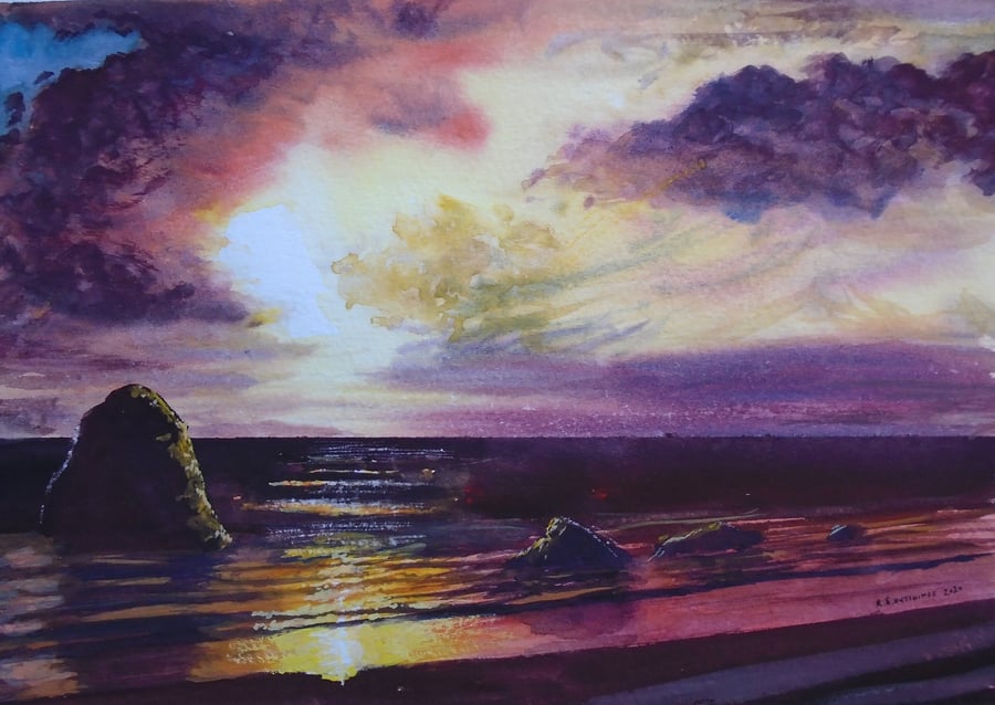 Seascape sunrise (ORIGINAL PURE GOUACHE work A4 size),  