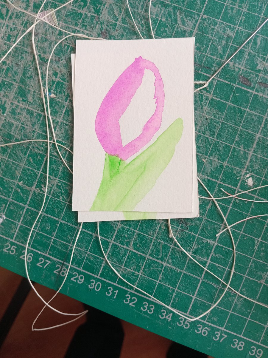 Aceo original watercolour painting stylised minimalist tulip in pink