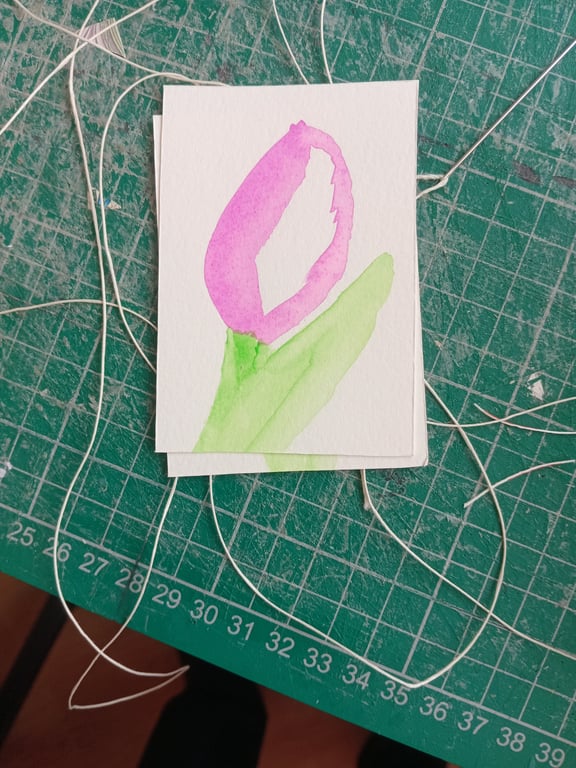 Aceo original watercolour painting stylised minimalist tulip in pink