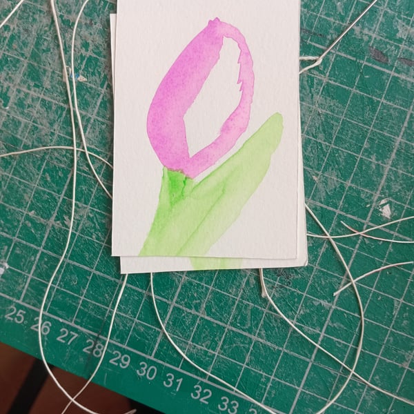 Aceo original watercolour painting stylised minimalist tulip in pink