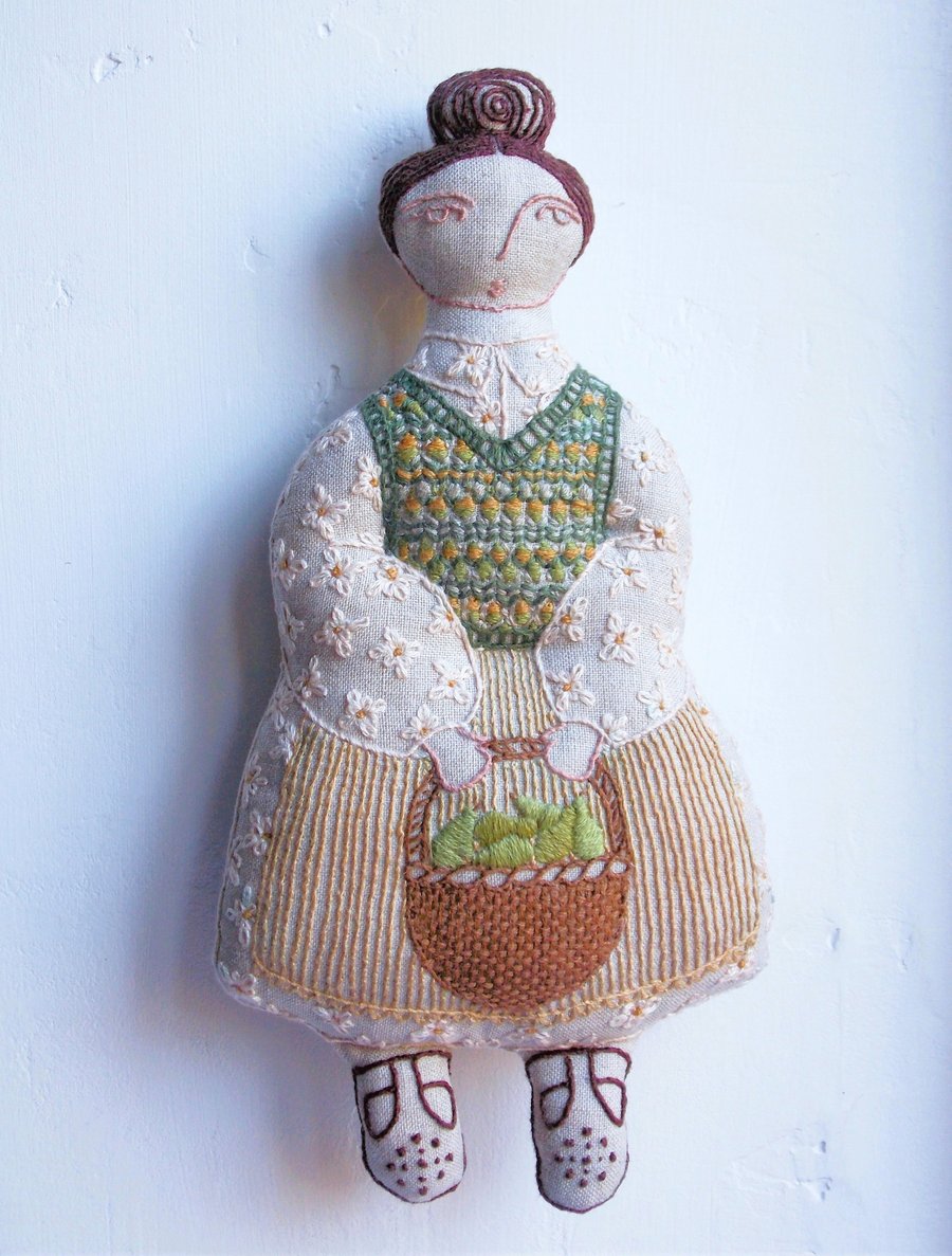 Ruth - A Hand Embroidered Textile Art Doll, Handmade and Eco-friendly - 21cms