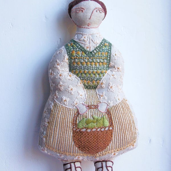 Ruth - A Hand Embroidered Textile Art Doll, Handmade and Eco-friendly - 21cms