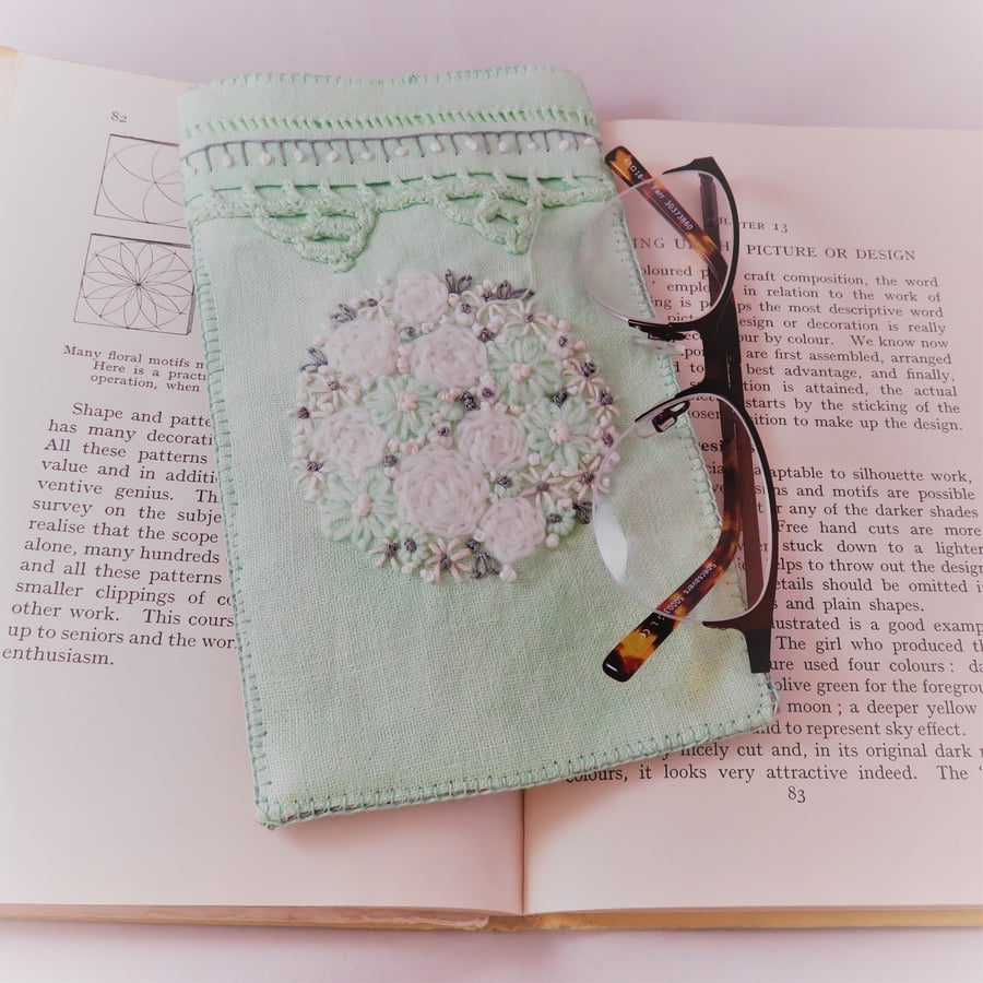 SALE Glasses case from hand-dyed and embroidered vintage linen and lace