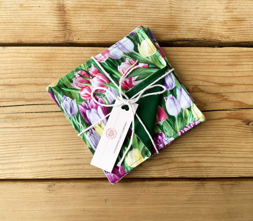 Fabric Coasters, 6 Set, Handmade Coasters, Cotton Coasters. Tulips-COAST-02