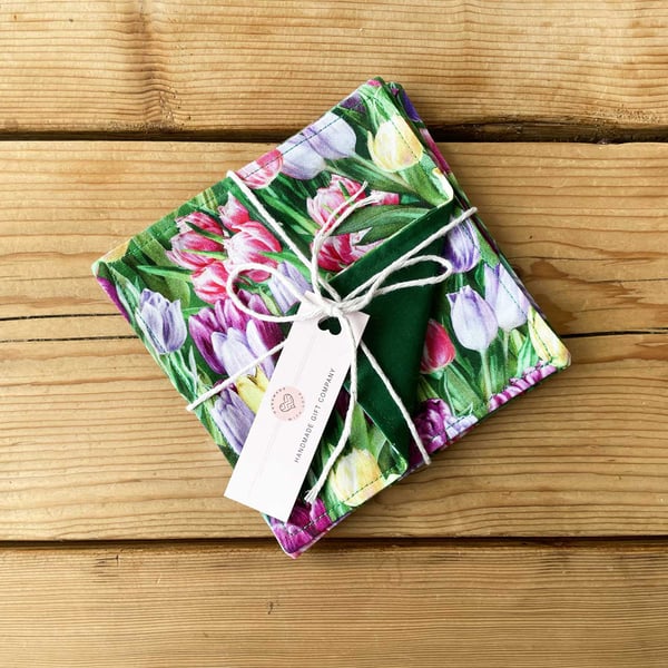 Fabric Coasters, 6 Set, Handmade Coasters, Cotton Coasters. Tulips-COAST-02